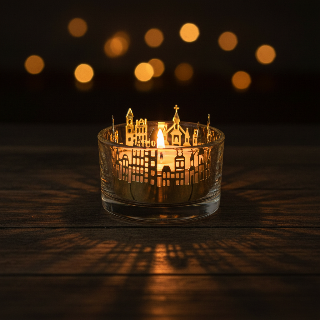 Teljus dekoration med glas stad i guld