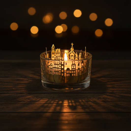 Teljus dekoration med glas stad i guld