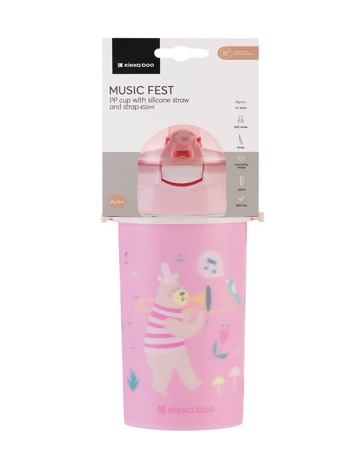 PP-mugg med silikonsugrör och rem 450 ml Music Fest: Rosa