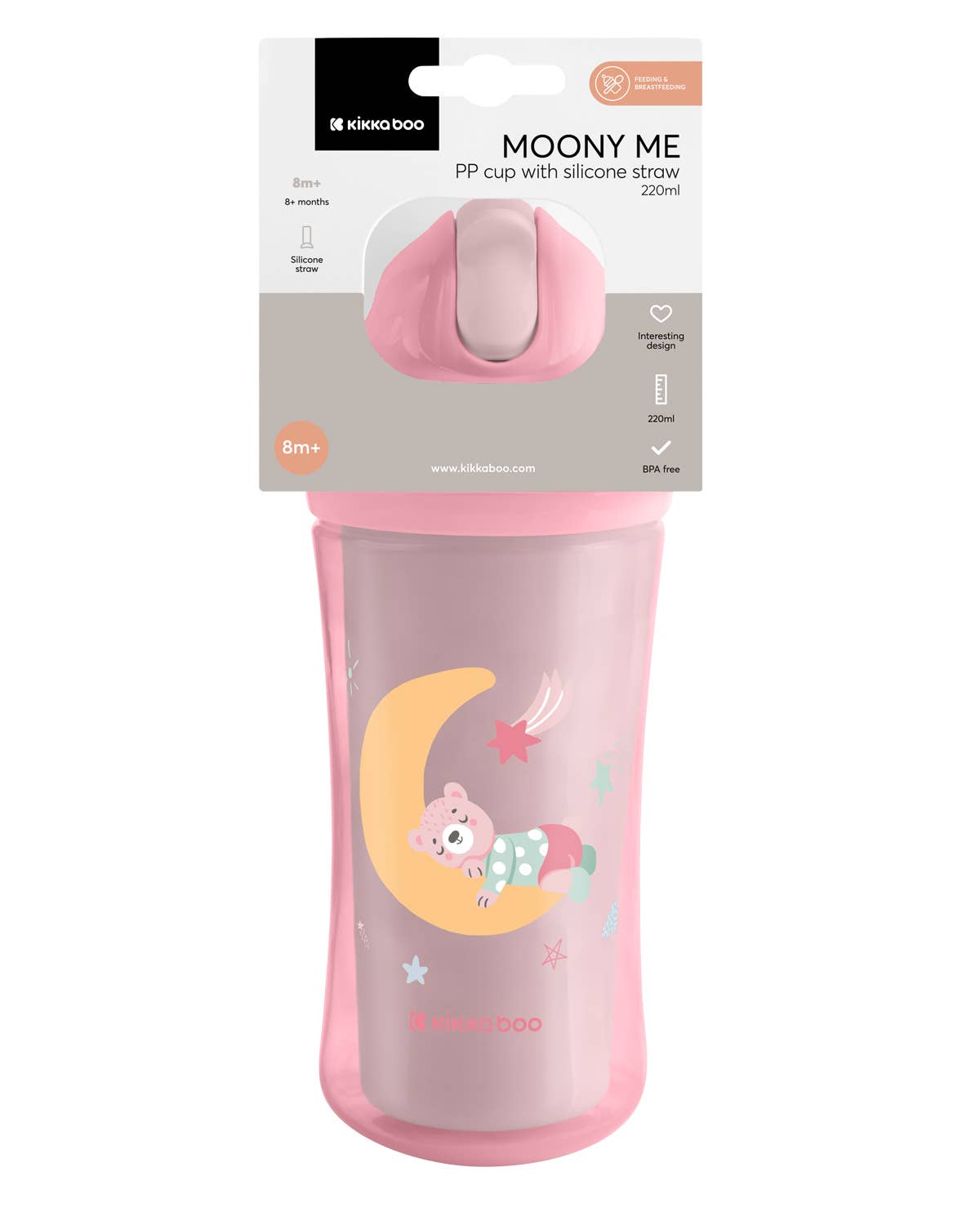 PP-mugg med silikonsugrör 220 ml Moony Rosa