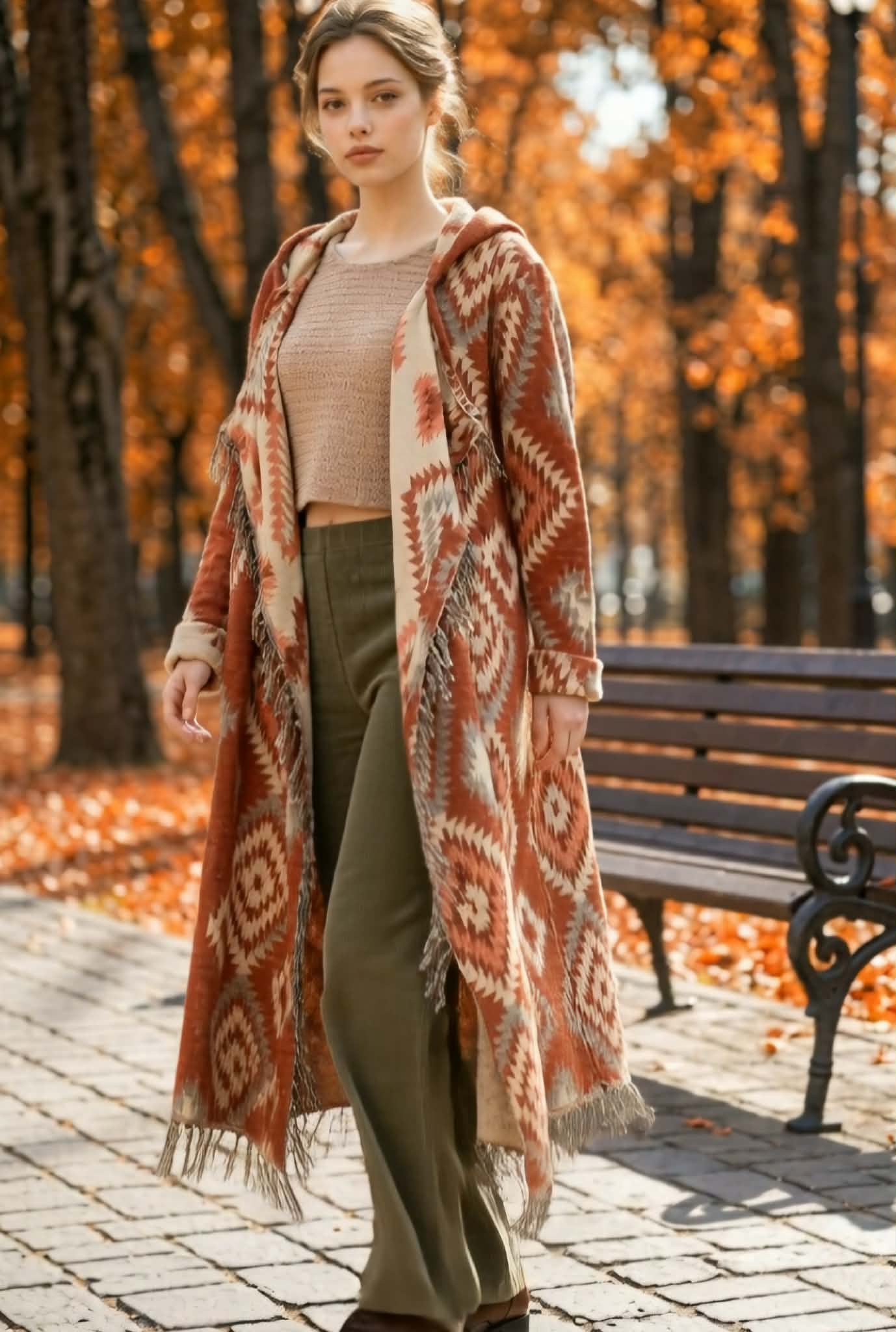 Ponchokappa med fransar Terracotta & Sand