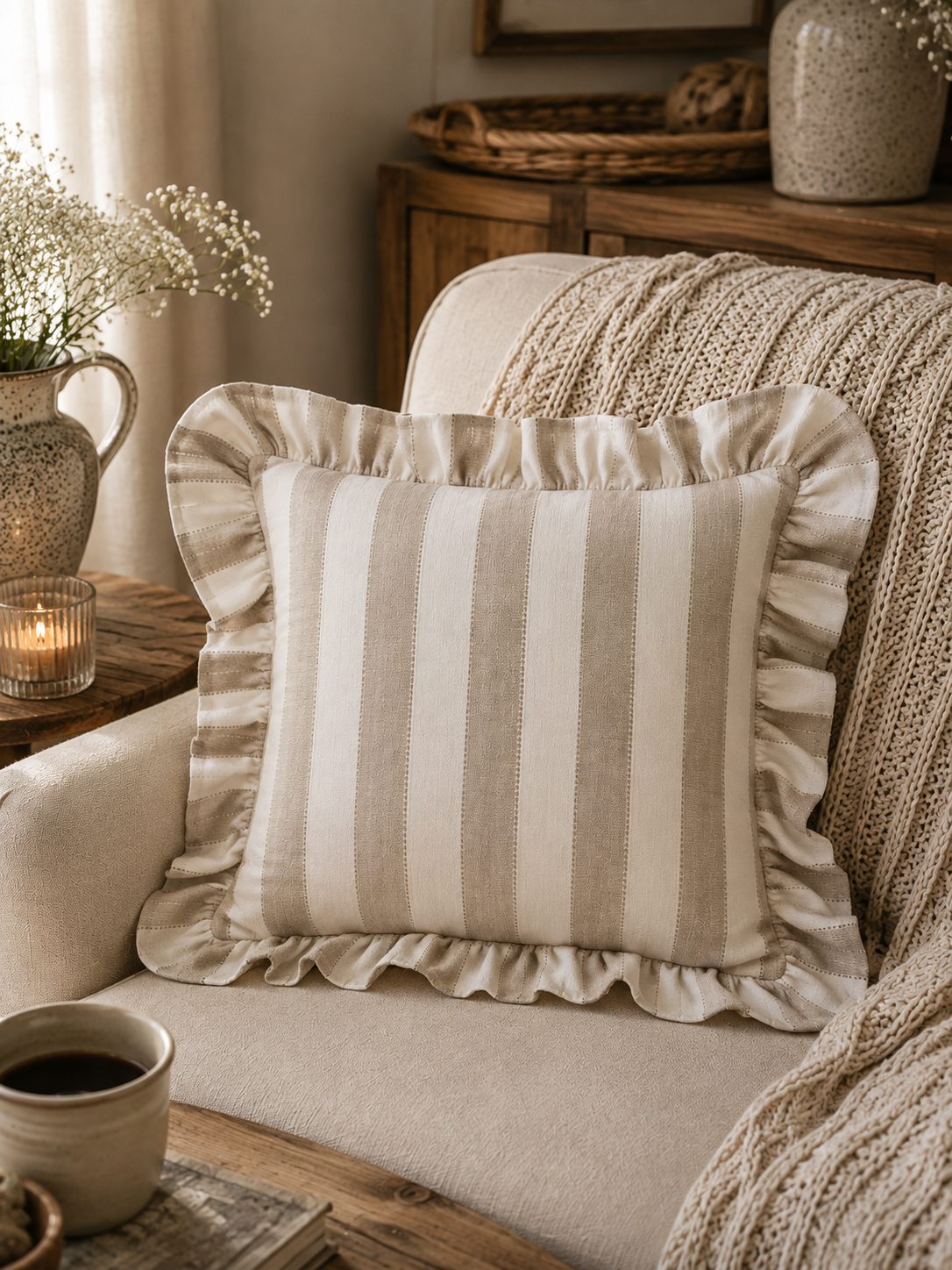Kuddfodral Ida Rand Beige/Vit